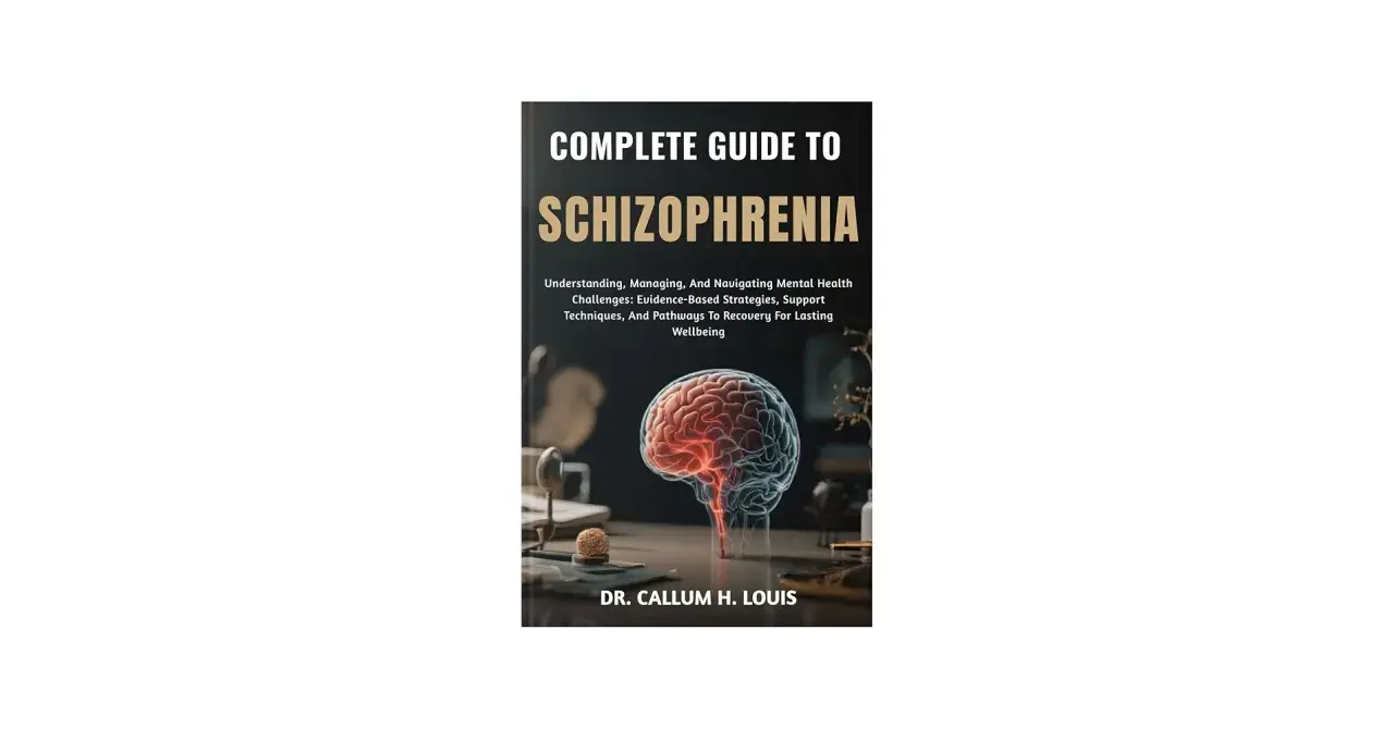 Okładka książki "Complete Guide to Schizophrenia" z ilustracją mózgu. Pozycja ta stanowi kompleksowe źródło wiedzy o schizofrenii.