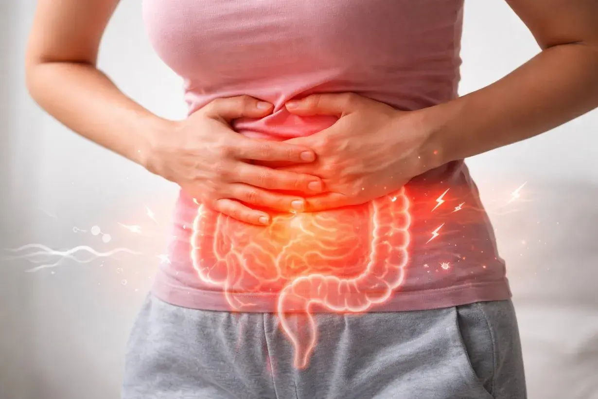 Dolore addominale e infiammazione intestinale, possibili colite sintomi. Mani che stringono l'addome con un'illustrazione luminosa dell'intestino.