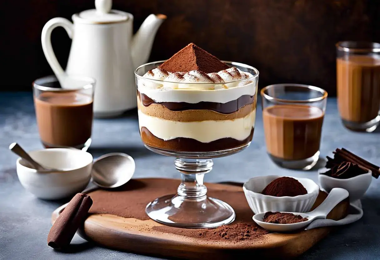 Un délicieux tiramisu speculoos en couches, garni de cacao et de crème fouettée, servi avec des boissons au chocolat.