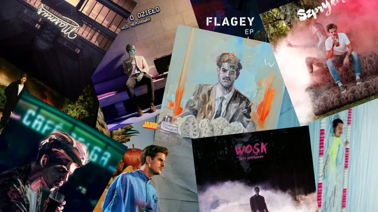 Kolaż okładek albumów Taco Hemingwaya: "Cafe Belga", "O dzieło", "Jarmark", "Wosk", "Szprycer", "Flagley EP".