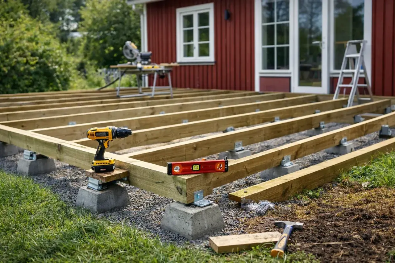 Bygga altan på plintar: träbjälkar monteras på betongplintar med skruvdragare och vattenpass. Ett steg för att skapa en ny uteplats.