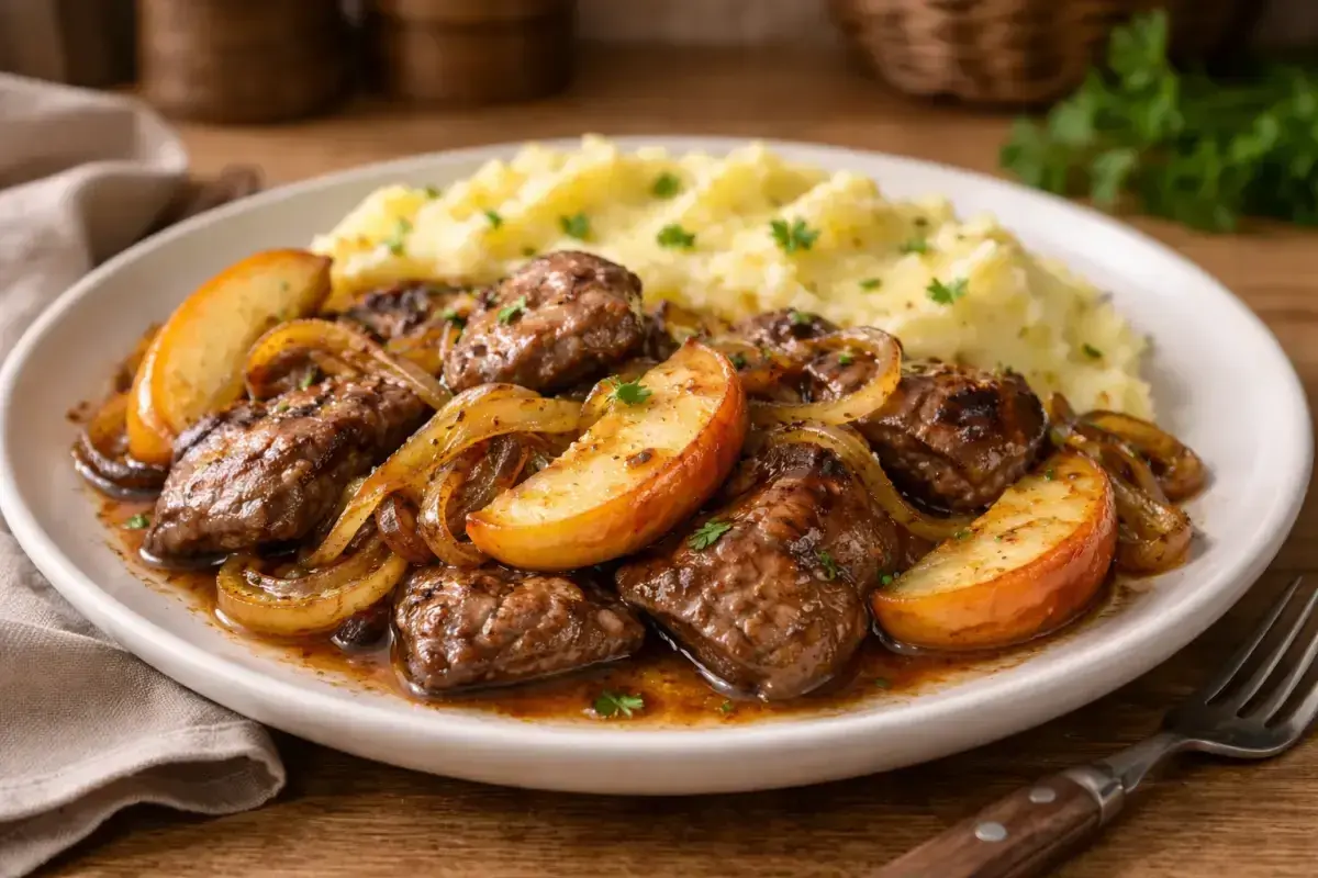 Pyszna wątróbka z jabłkiem i cebulką, podana z purée ziemniaczanym. Aromatyczne danie, które rozpływa się w ustach.