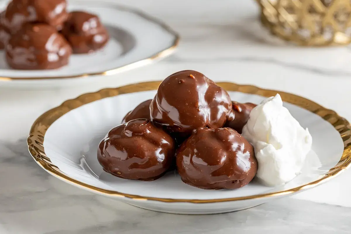 Profitterol ricetta: golosi bignè ricoperti di cioccolato fondente, serviti con panna montata su un piatto bianco con bordo dorato.