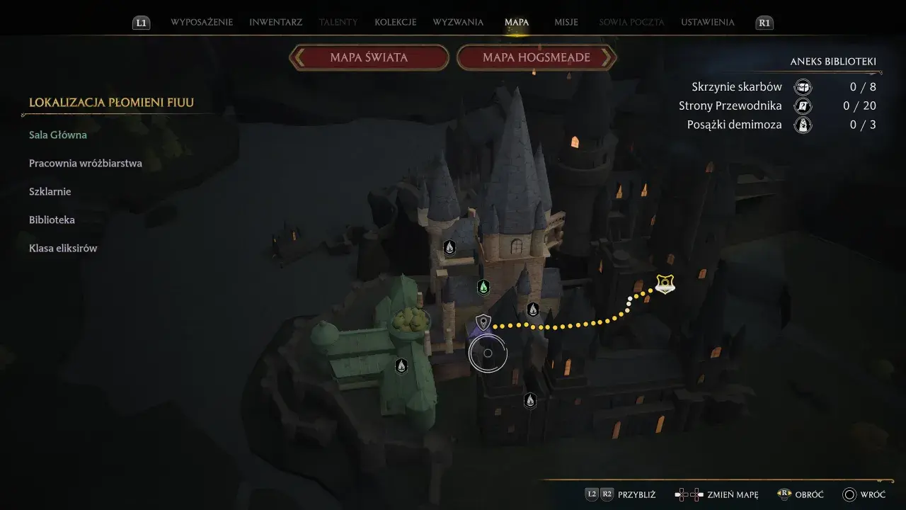 Mapa Hogwartu z zaznaczonymi punktami orientacyjnymi i ścieżką. Widać menu z opcjami, w tym "Misje" i "Mapa Świata", co sugeruje rozgrywkę w grze Hogwarts Legacy.