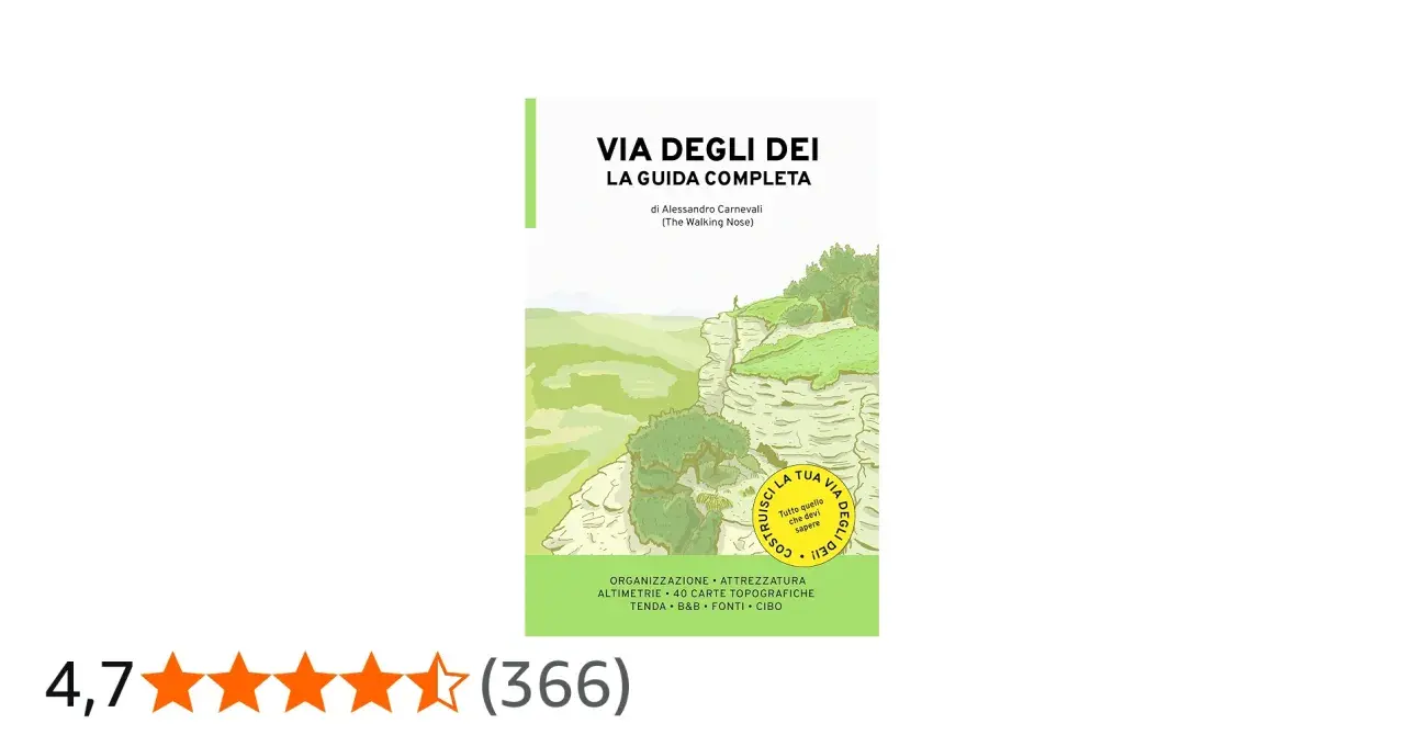 Copertina guida "Via degli Dei", con paesaggio montano e un escursionista. Perfetta per chi cerca una dubbel birra dopo il cammino.