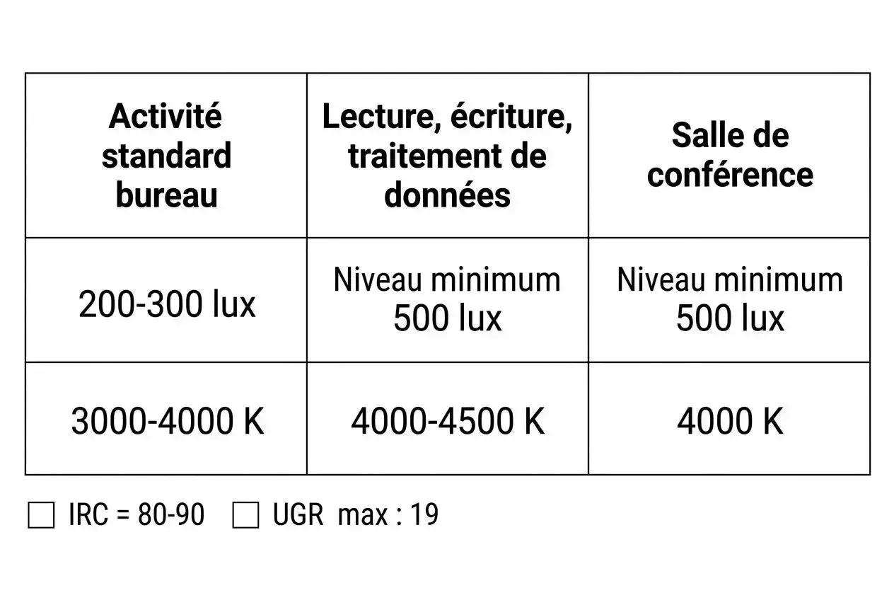 Tableau comparant les besoins en éclairage pour différentes activités de bureau, incluant la température de couleur d'une ampoule.