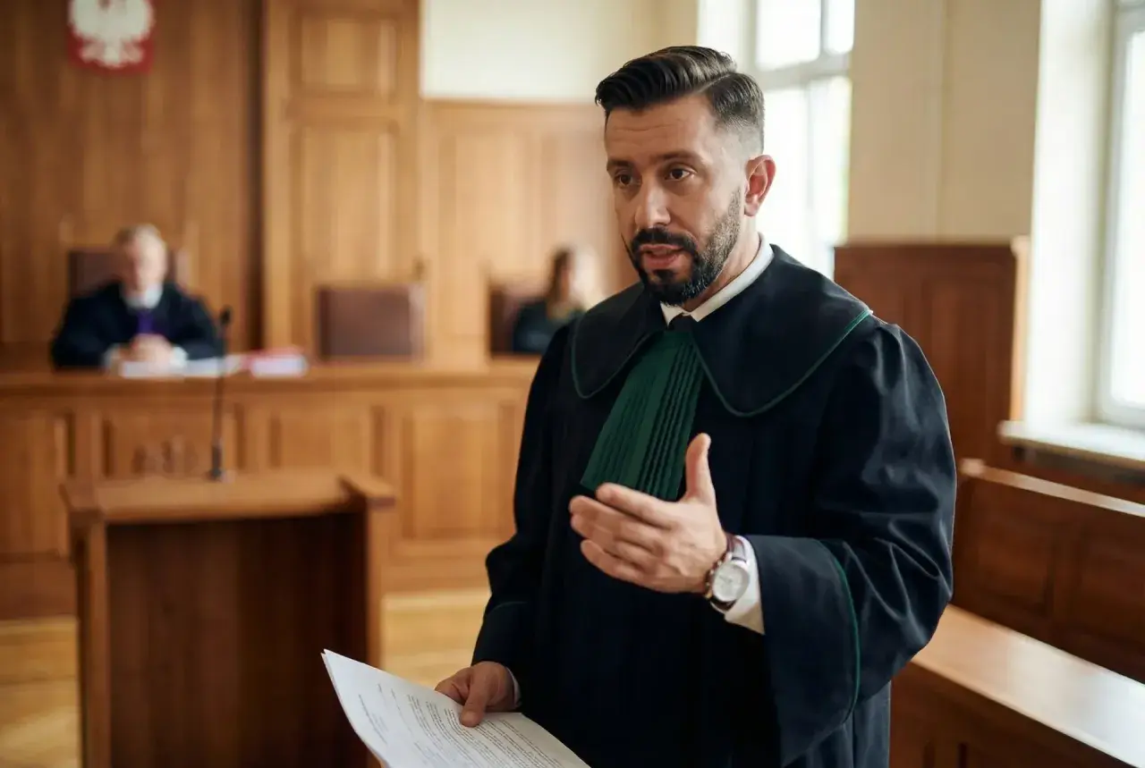 Prawnik w todze omawia kwestie wydziedziczenia i zachowku w sali sądowej.