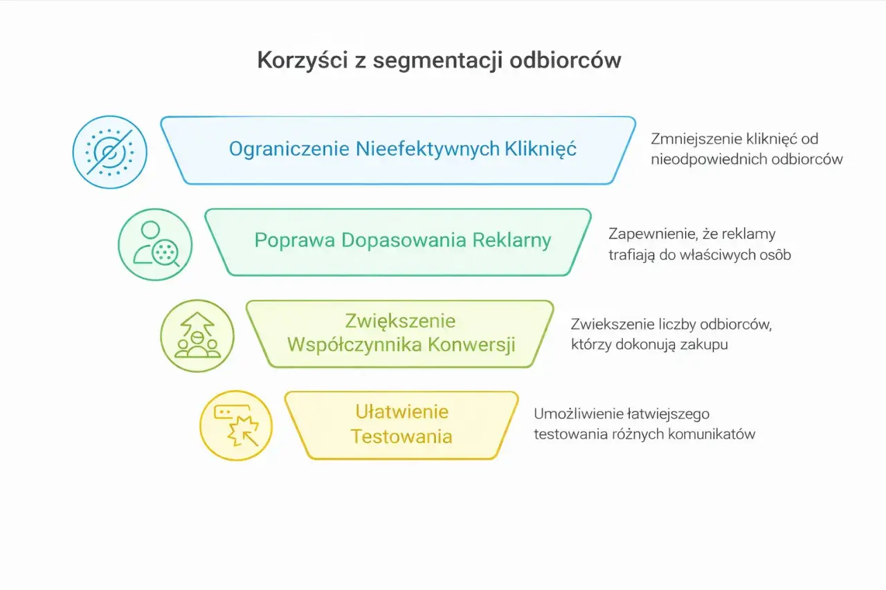 Korzyści z segmentacji odbiorców: ograniczenie nieefektywnych kliknięć, poprawa dopasowania reklam, zwiększenie konwersji i ułatwienie testowania.