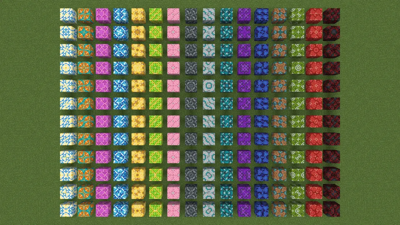 Kolekcja bloków z wzorami w Minecraft, idealna do stworzenia własnej terakoty.