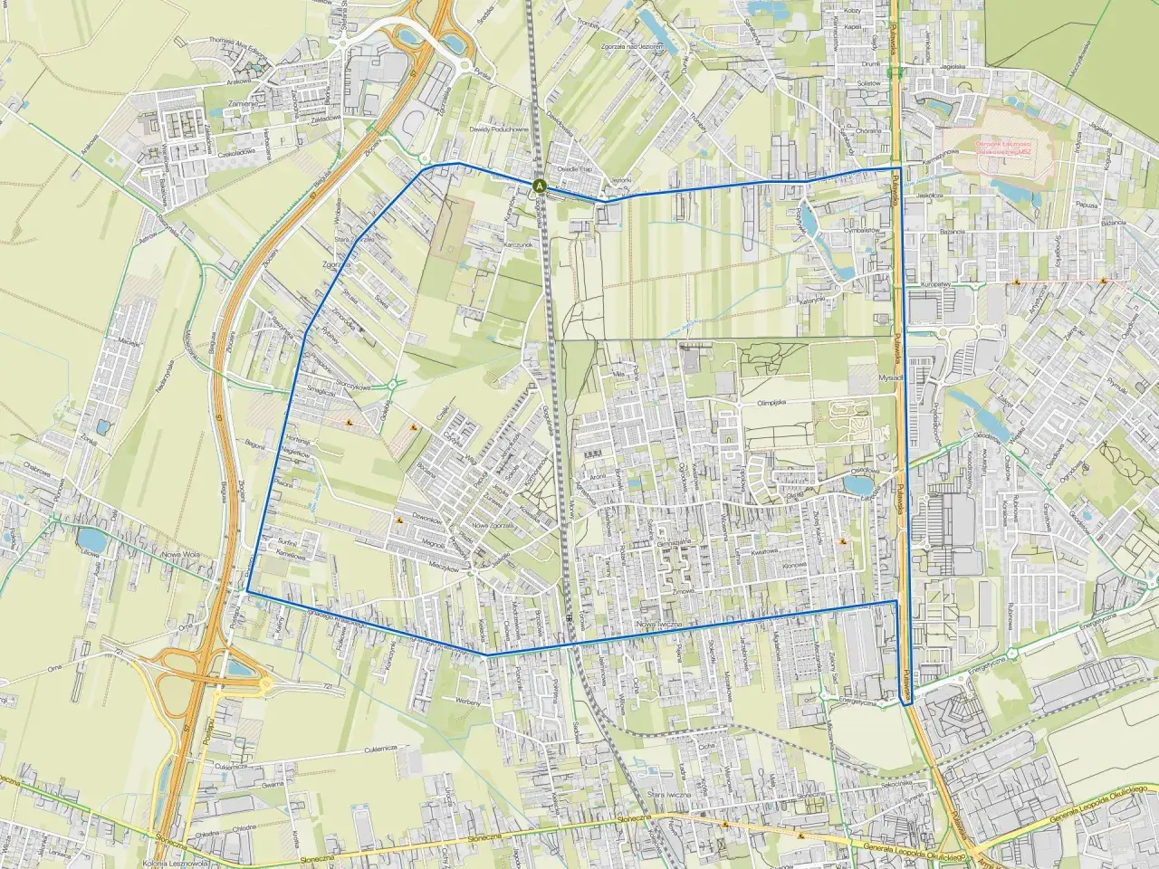 Mapa przedstawia fragment Warszawy, dzielnicę Jeziorki, z zaznaczonymi ulicami i budynkami.