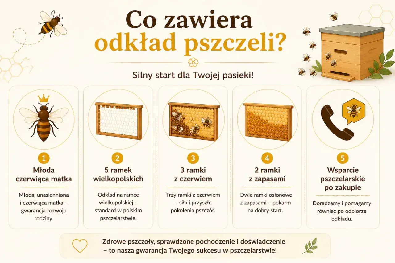 Młoda matka, ramki z czerwiem i zapasami, wsparcie pszczelarskie – to zawartość odkładu pszczelego, który zapewni silny start Twojej pasiece.