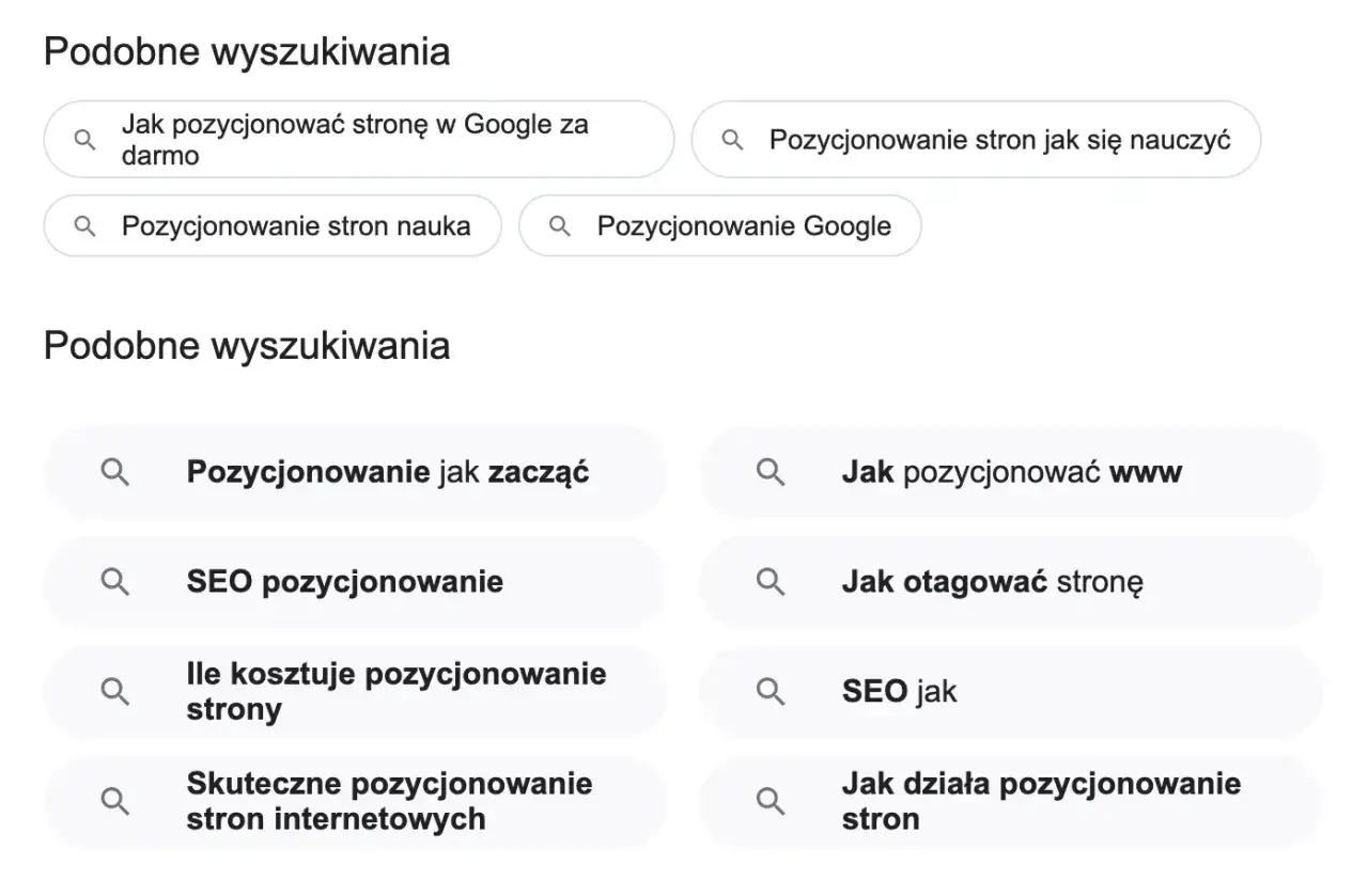 Podobne wyszukiwania dotyczące pozycjonowania stron w Google, SEO i nauki pozycjonowania.
