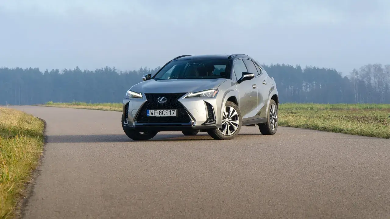 Srebrny Lexus UX 250h na krętej drodze, z lasem w tle.