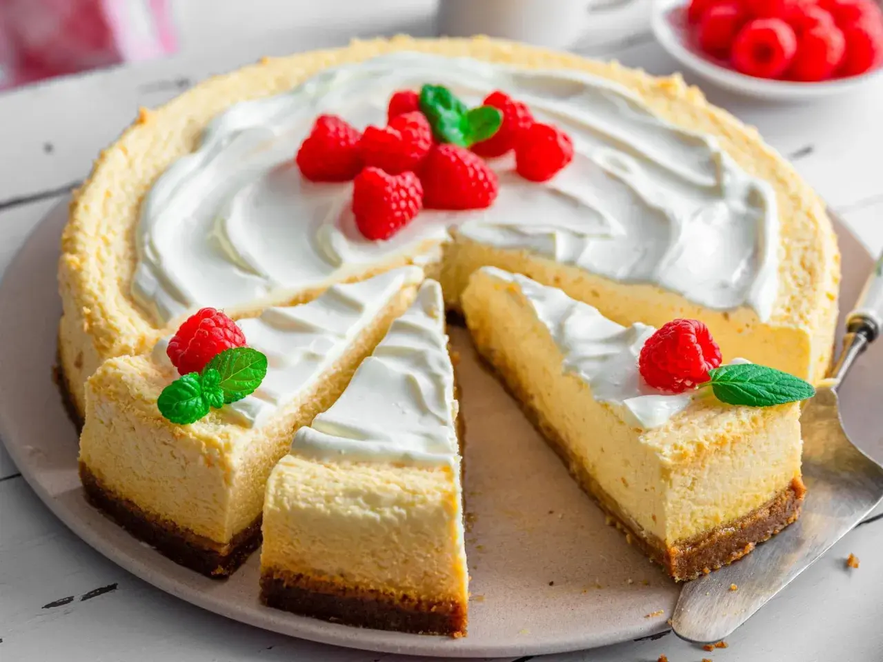 Ein köstlicher american cheesecake, dekoriert mit frischen Himbeeren und Minze, wartet darauf, genossen zu werden.