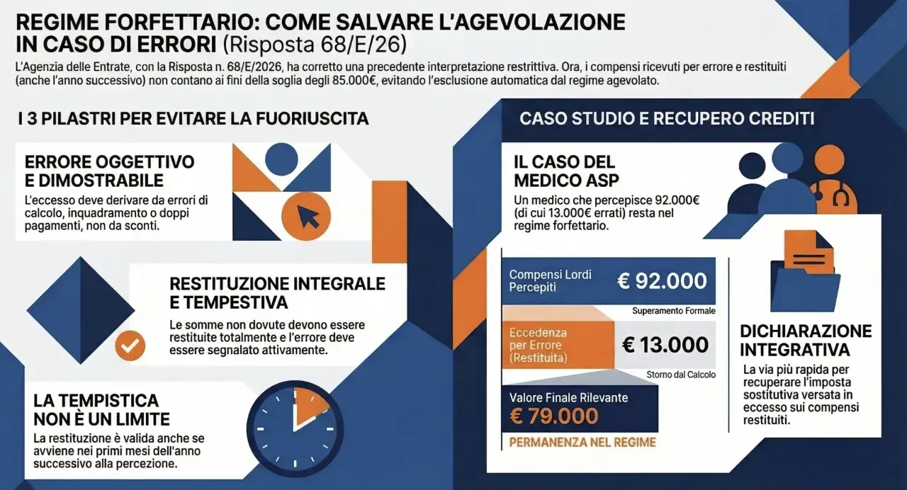 Fac simile fattura medico forfettario: caso studio di un medico che restituisce 13.000€ per errore, rimanendo nel regime agevolato.