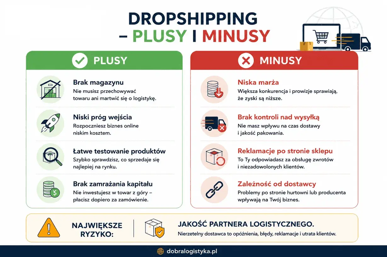 Dropshipping: plusy (brak magazynu, niski próg wejścia) i minusy (niska marża, brak kontroli nad wysyłką). Zastanawiasz się, czy dropshipping ile można zarobić?