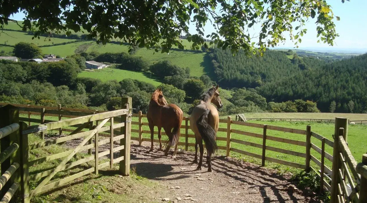 Deux chevaux dans un paddock paradise, profitant d'une vue sur des collines verdoyantes et une forêt.