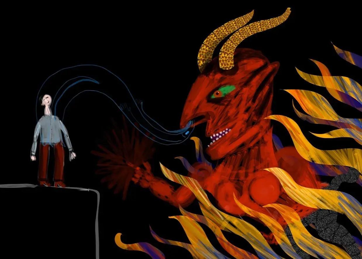 Czerwony demon z rogami, przypominający sukkuba, wyciąga rękę do człowieka.