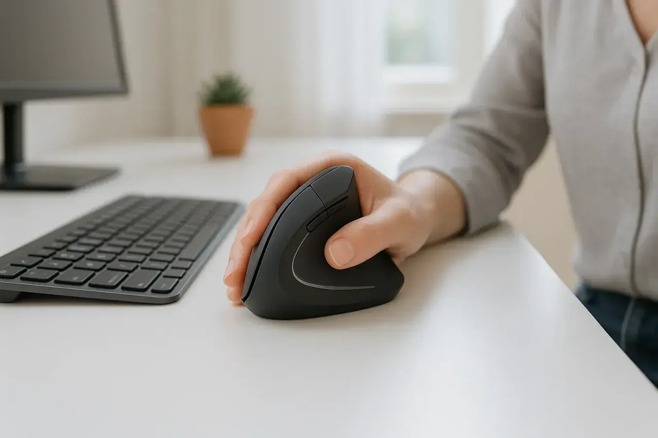 En hand håller en ergonomisk datormus. Ett tangentbord och en datorskärm syns i bakgrunden.