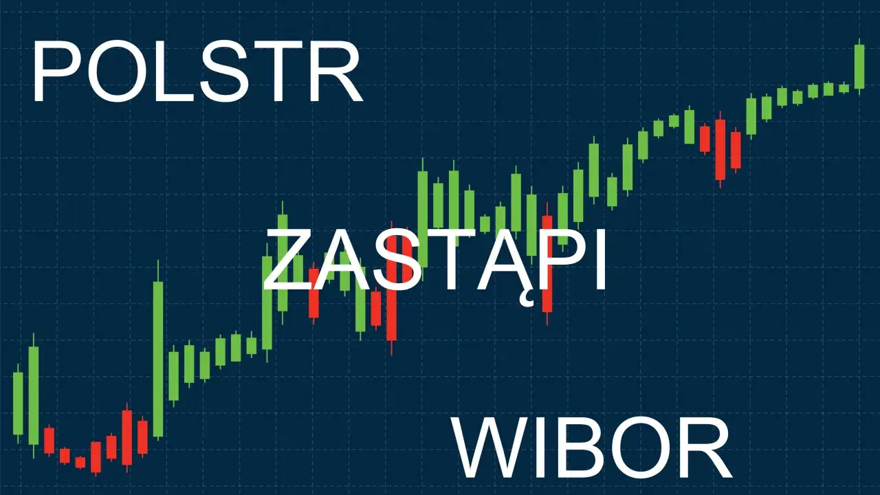 Wzrosty na wykresie świecowym, z napisem "POLSTR ZASTĄPI WIBOR". Nowy wibor wchodzi na rynek.