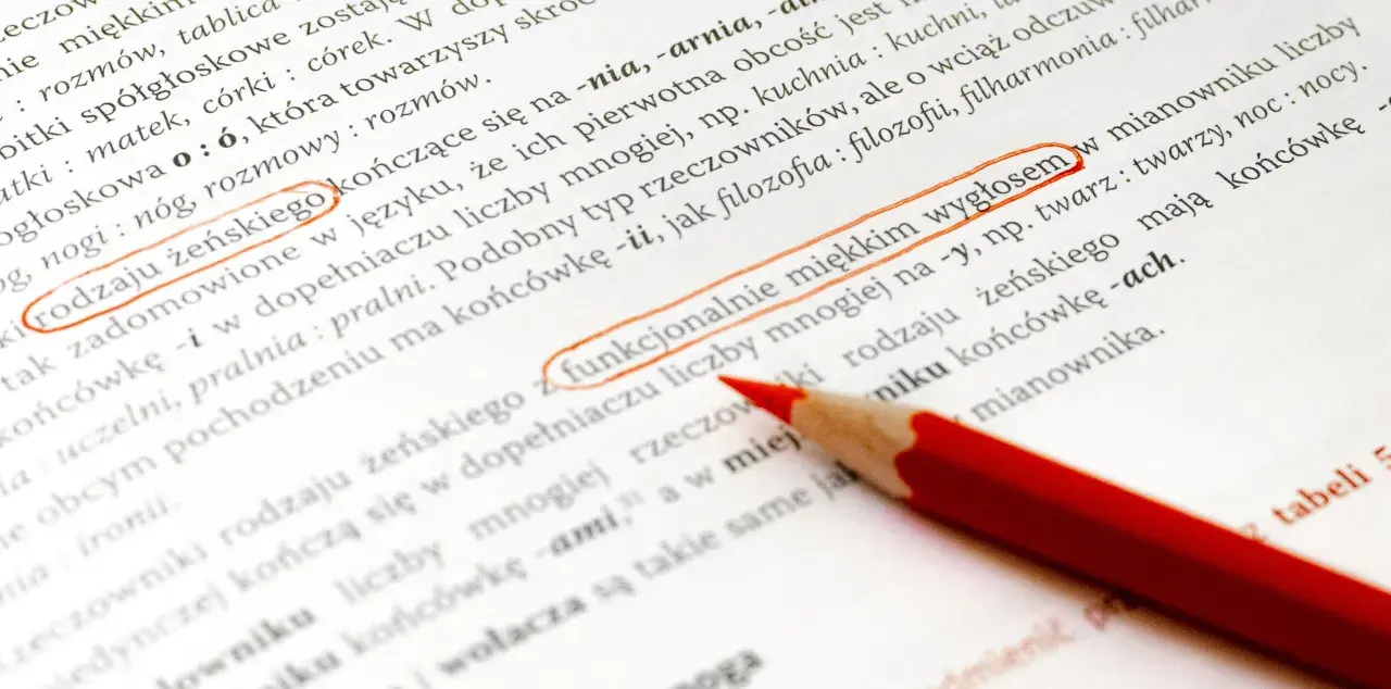 Czerwona kredka podkreśla fragment tekstu o odmianie rzeczowników, wyjaśniając, co oznacza nom.