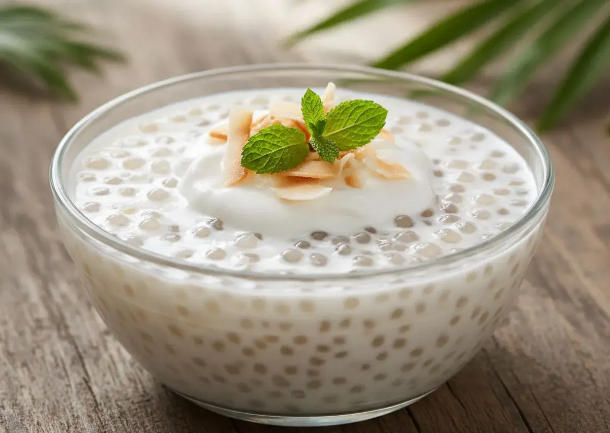 Un bol de tapioca au lait de coco, garni de copeaux de noix de coco et d'une feuille de menthe.