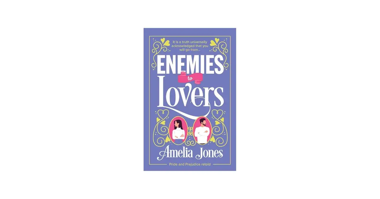 Okładka książki "Enemies to Lovers" Amelii Jones. Dwie postacie w medalionach, symbolizujące przemianę od wrogów do zakochanych.