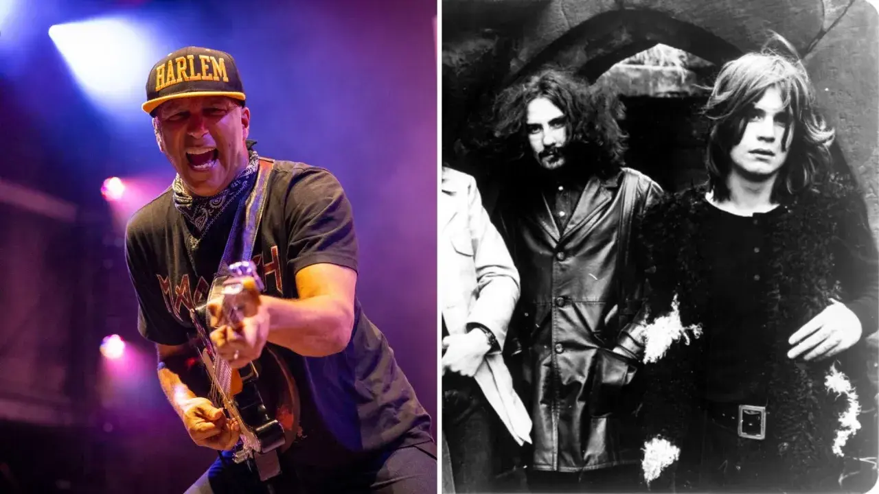 Dwóch członków Black Sabbath: młody Ozzy Osbourne i Tony Iommi w latach 70. oraz współczesny muzyk grający na gitarze.