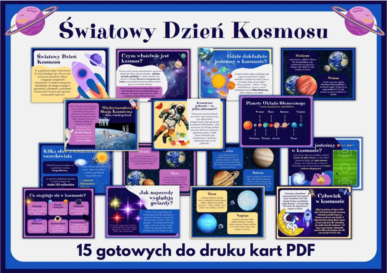 Kosmos pomoce dydaktyczne: kolorowa plansza edukacyjna o kosmosie, planetach, gwiazdach i podróżach kosmicznych.