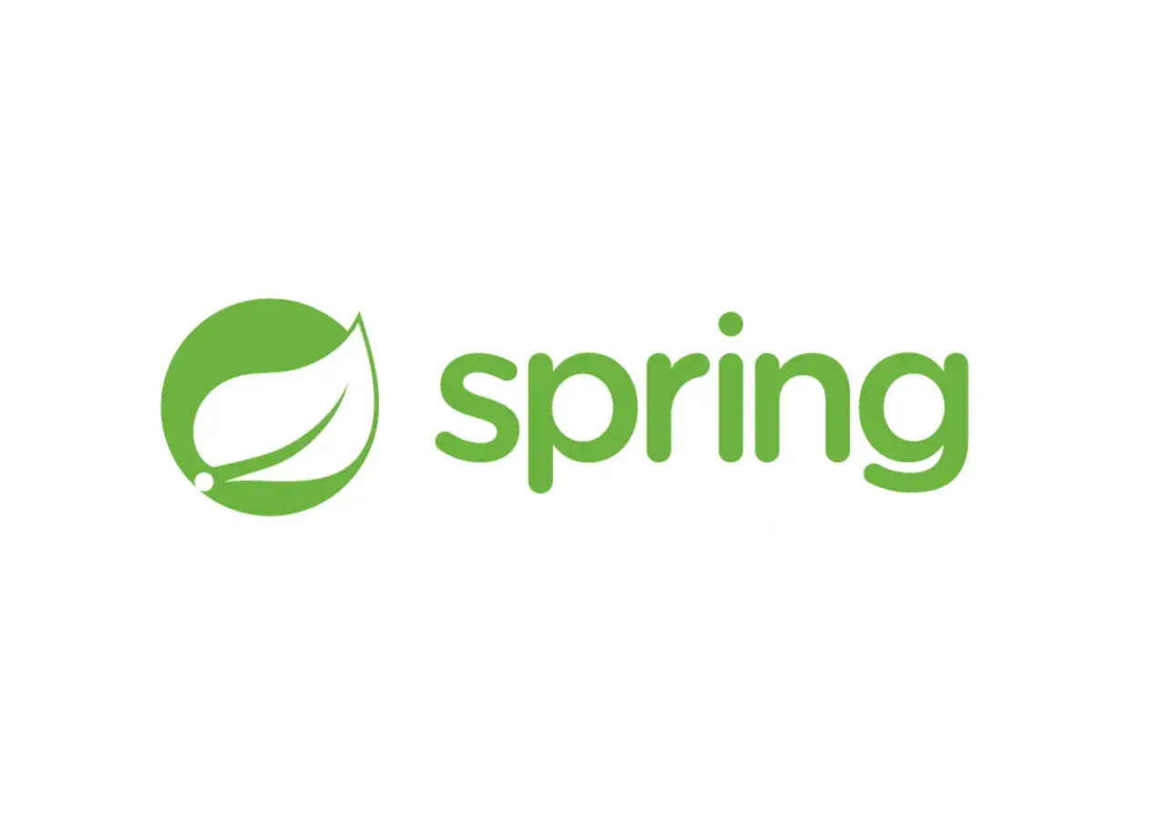 Zielony liść i napis "spring" - symbol frameworka Spring Java.