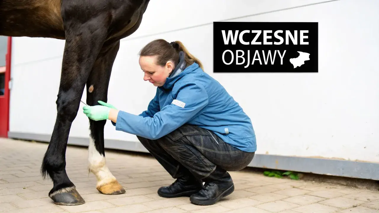 Weterynarz bada nogę konia, szukając wczesnych objawów kulawizny.