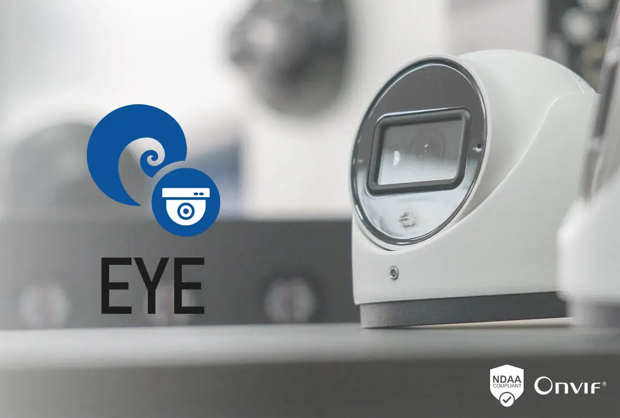 Cámara de seguridad con logo "EYE" y símbolo de protocolo ONVIF.