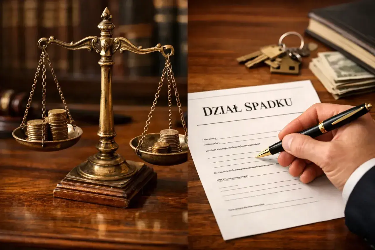 Waga sprawiedliwości z monetami i dokument "Dział Spadku" do podpisania.