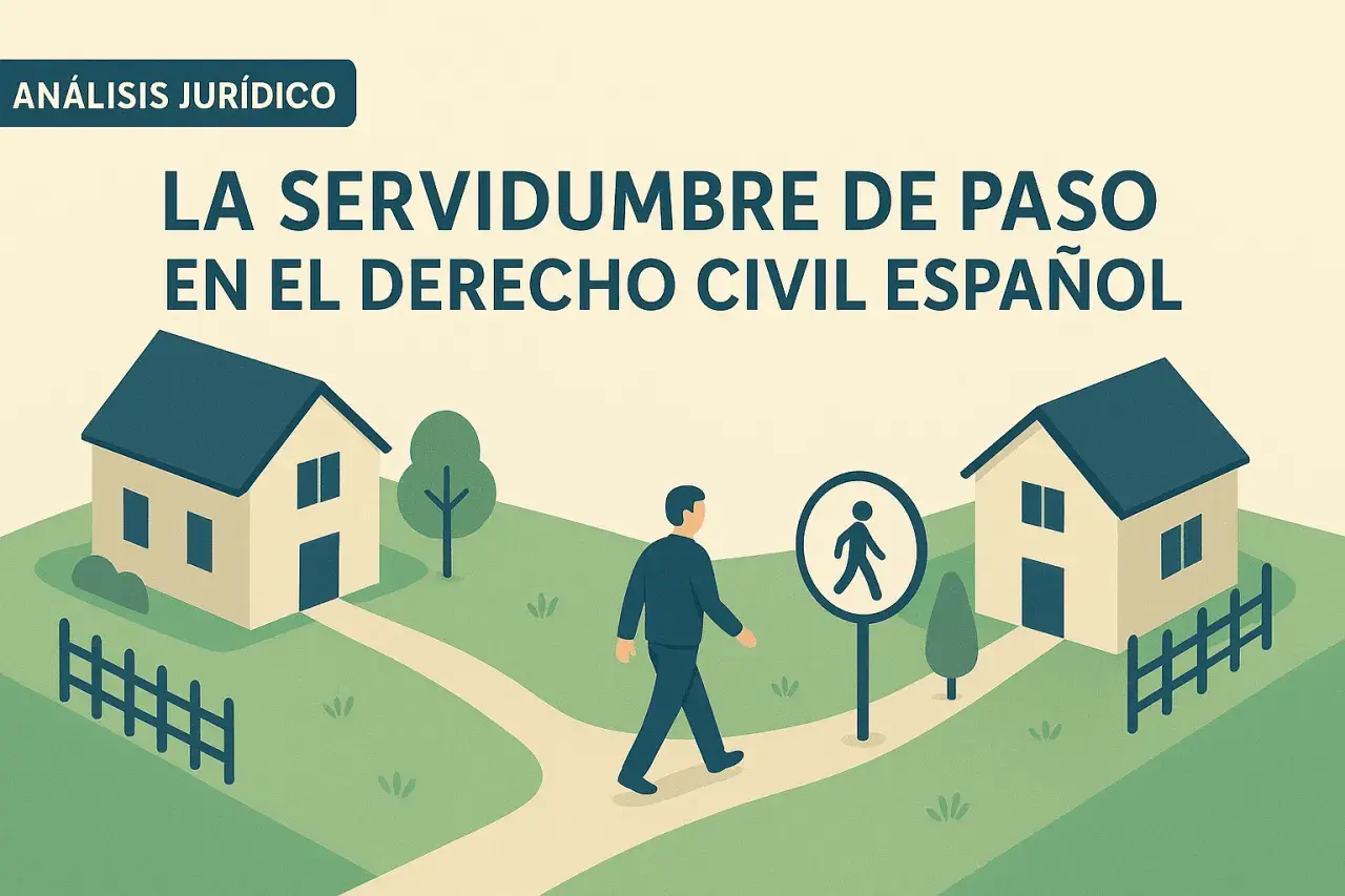 Ilustración que explica qué es una servidumbre de paso: un camino entre dos casas, con un peatón y un cartel.