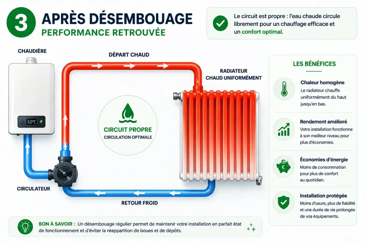 Schéma d'un circuit de chauffage : chaudière, circulateur, radiateur. L'eau chaude circule pour une meilleure puissance radiateur eau chaude.