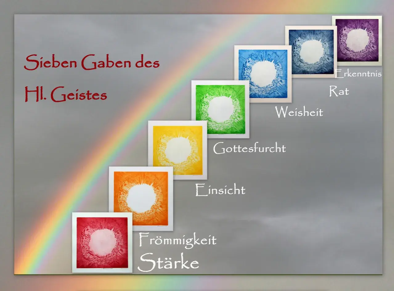 Sieben Gaben des Hl. Geistes: bunte Kreise auf grauem Grund, wie ein Regenbogen, der Weisheit, Erkenntnis, Rat, Gottesfurcht, Einsicht, Frömmigkeit und Stärke symbolisiert.