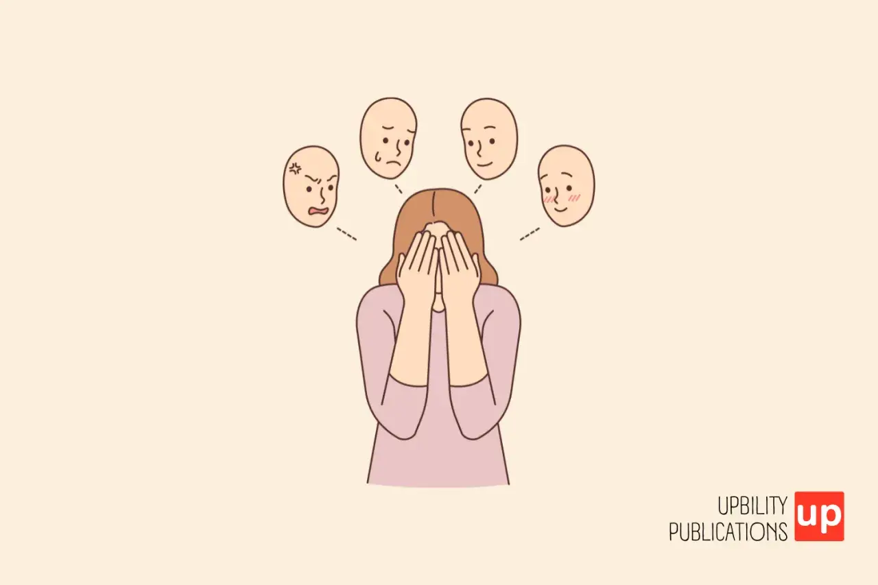Ragazza con le mani sul viso, circondata da volti che esprimono emozioni diverse, suggerendo un **cambio di personalità improvviso**.