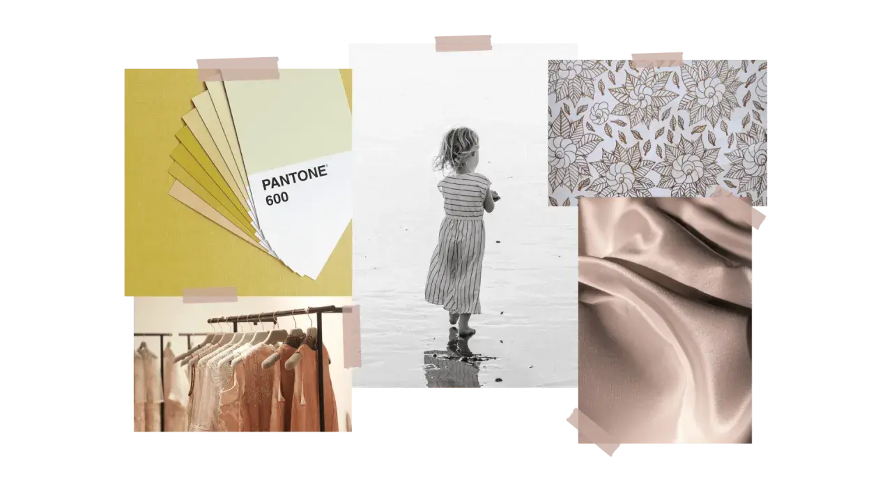 Palette de couleurs et tissus pour un thème de collection mode. Une petite fille sur la plage, des échantillons Pantone, un tissu satiné et des robes sur cintres.