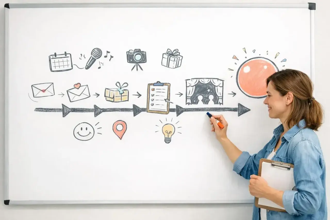 Un tableau retroplanning dessiné à la main, montrant un cheminement visuel avec des icônes : calendrier, micro, appareil photo, cadeaux, liste, scène de théâtre, soleil.