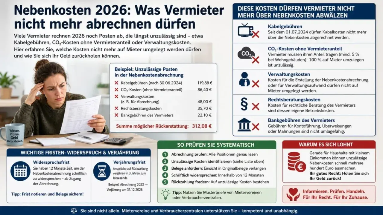 Frau prüft Nebenkostenabrechnung. Unzulässige Posten wie Kabelgebühren oder Verwaltungskosten dürfen nicht mehr abgerechnet werden. Holen Sie sich Ihr Geld zurück!