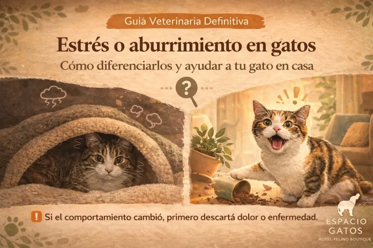 Gato estresado y otro juguetón. Aprende a diferenciar el estrés del aburrimiento para ayudar a tu gato en casa.