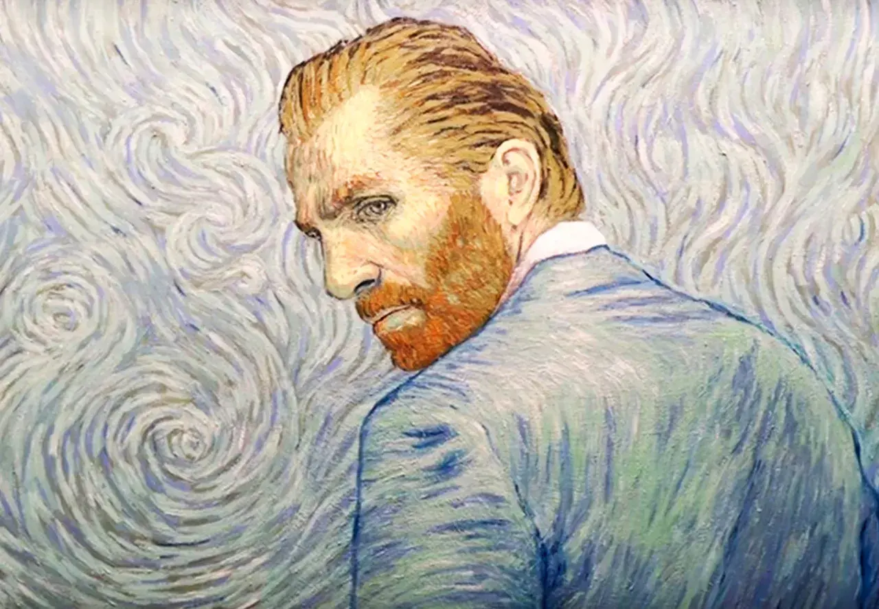 En målning av van Gogh som visar konstnären med sitt karaktäristiska röda skägg, vänd bort från betraktaren, mot en virvlande, stjärnklar bakgrund.