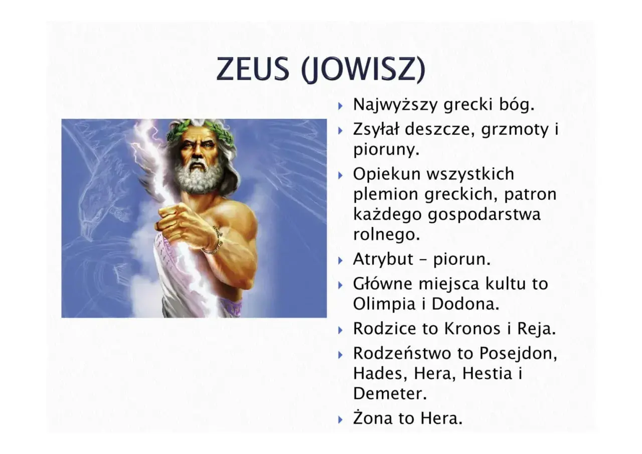 Zeus, król bogów w mitologii greckiej, dzierży piorun. Jego atrybuty to władza i opieka nad ludzkością.