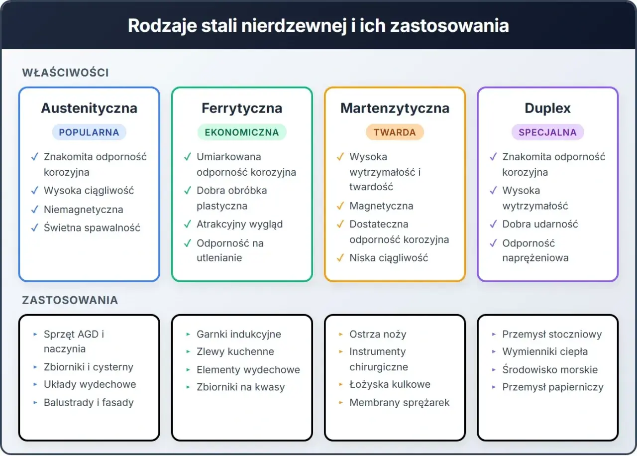Tabela porównuje rodzaje stali nierdzewnej, podkreślając twardość stali martenzytycznej, jej wysoką wytrzymałość i zastosowania.