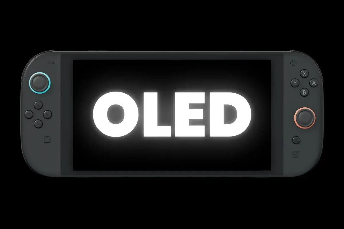 Konsola Nintendo Switch OLED z białym napisem "OLED" na ekranie.