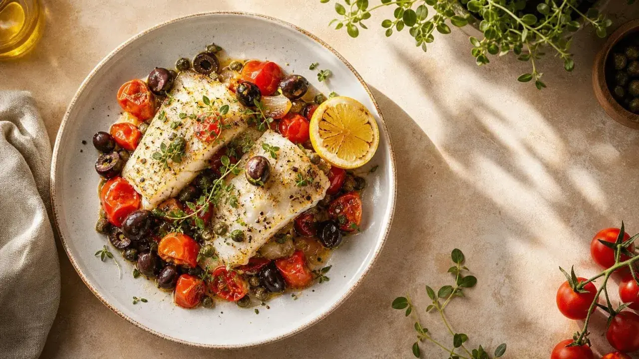 Deux dos de cabillaud savoureux, accompagnés de tomates cerises, d'olives noires et de câpres, le tout garni de thym frais et d'une tranche de citron.