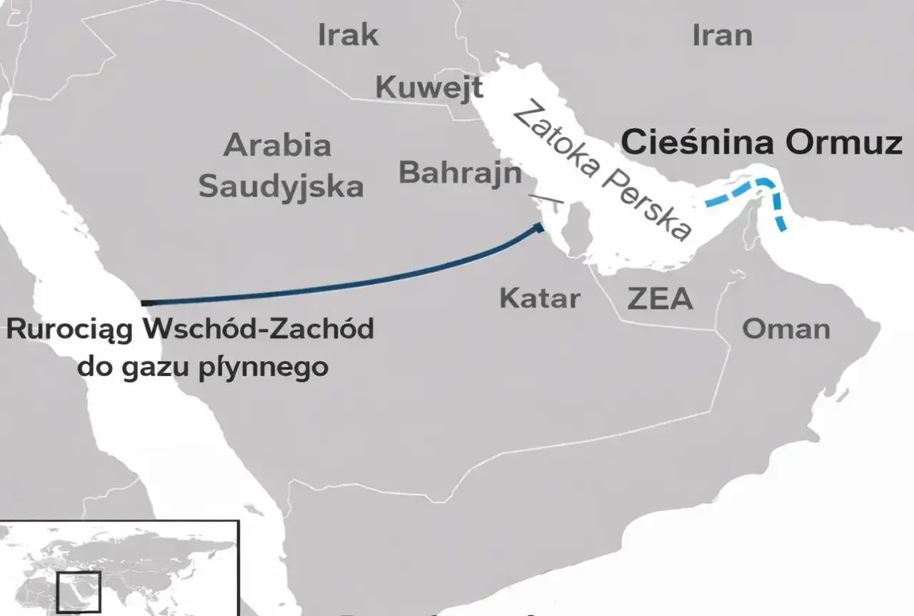 Mapa przedstawia Zatokę Perską, Cieśninę Ormuz i rurociąg do gazu płynnego.