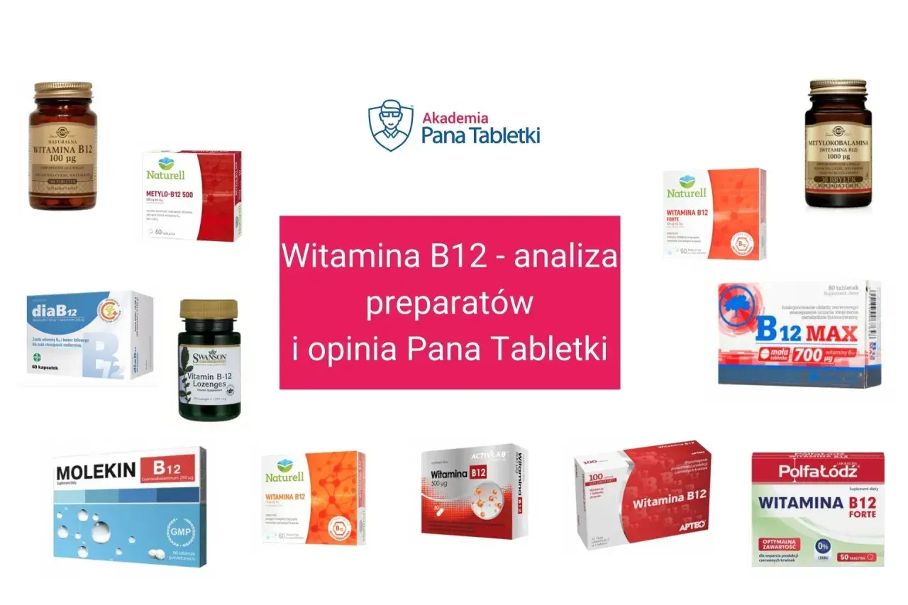 Która witamina B12 najlepsza? Analiza preparatów i opinia Pana Tabletki. Na zdjęciu różne suplementy z witaminą B12.