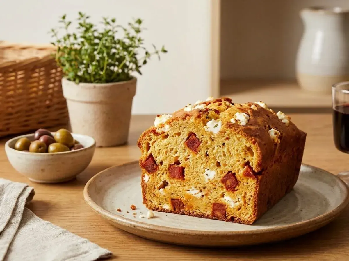 Un délicieux cake chorizo et chèvre, parsemé de morceaux de fromage blanc et de chorizo, prêt à être dégusté avec des olives.
