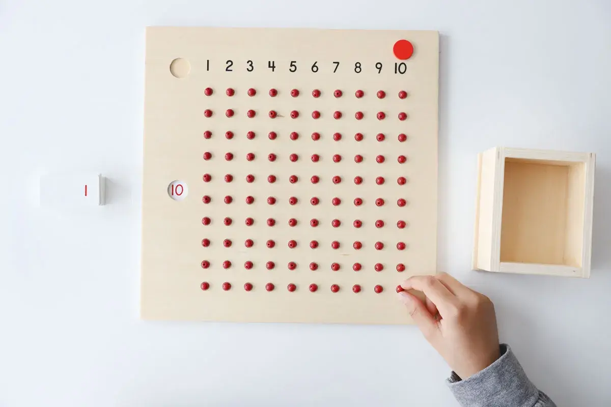 Tabla de fichas de multiplicaciones con cuentas rojas y números. Una mano coloca una cuenta, aprendiendo las tablas.